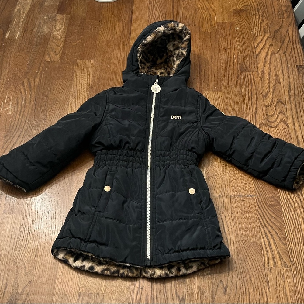 Toddler 2T DKNY Black Faux Fur Coat REVERSIBLE